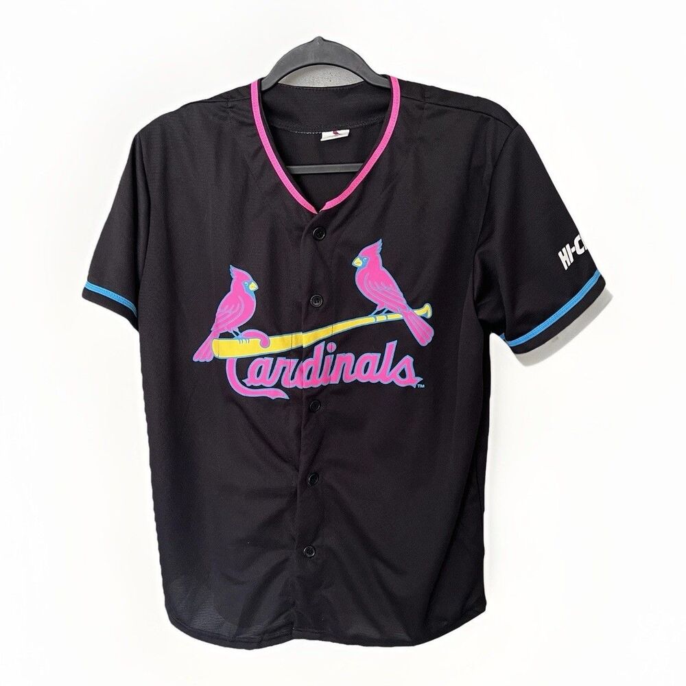 St Louis Cardinals Jersey Neon Pink Logo Black Short Sleeve Unisex Youth XL